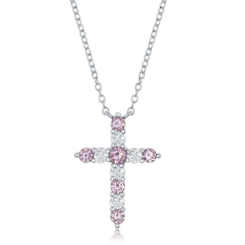 Ladies necklaces cute looks-Sterling Silver Pink CZ October Birthstone Cross Necklace