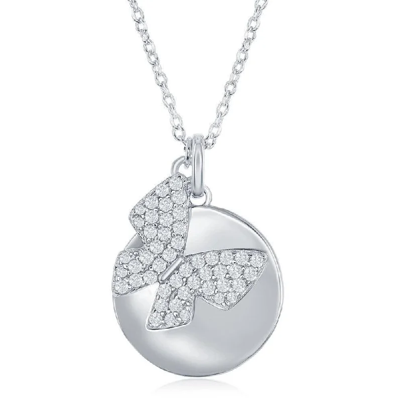 Ladies necklaces friendship tokens-Sterling Silver Shiny Disc with Micro Pave Butterfly Necklace