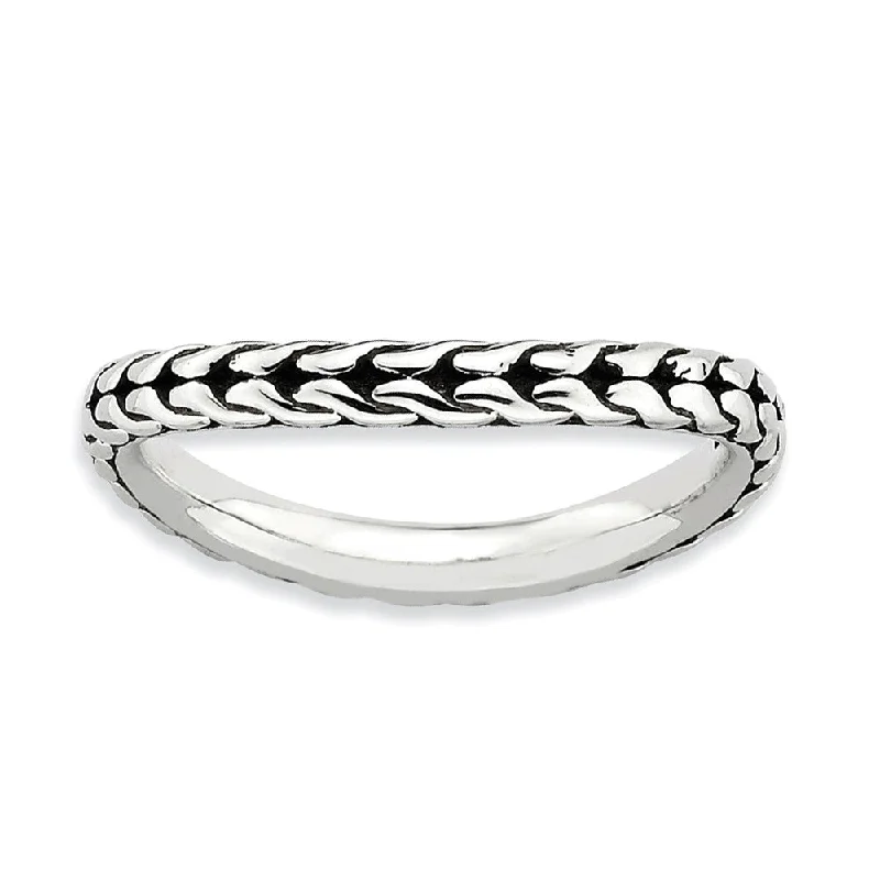 Ladies ring Valentine’s Day-2.25mm Stackable Antiqued Sterling Silver Curved Wheat Pattern Band