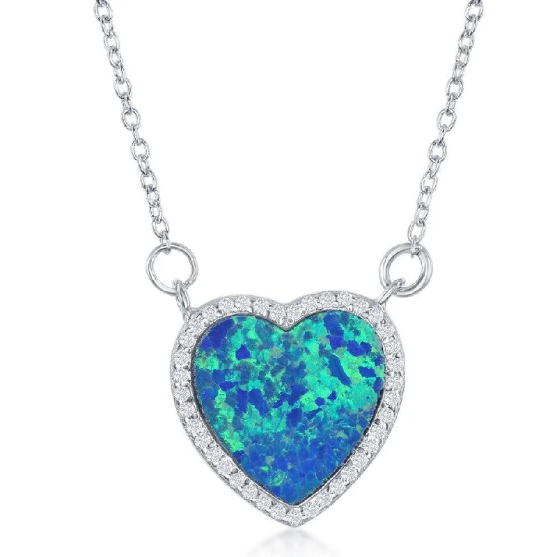 Ladies necklaces latest styles-Sterling Silver Blue Inlay Opal Heart with CZ Border Necklace