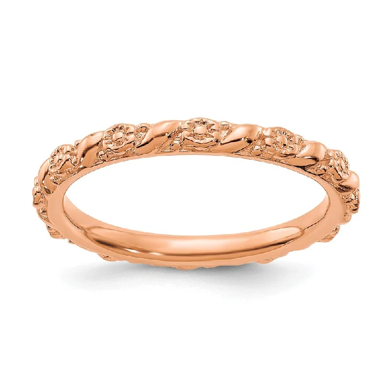 Ladies ring ethnic patterns-2mm Sterling Silver 14k Rose Gold Plated Stackable Flower Band