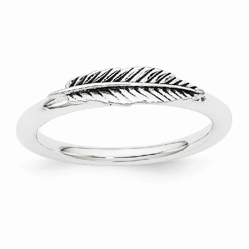 Ladies ring floral designs-Rhodium Plated Sterling Silver Stackable 4mm Antiqued Feather Ring