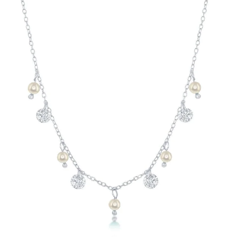 Ladies necklaces geometric shapes-Sterling Silver Alternating Freshwater Pearl and CZ Necklace