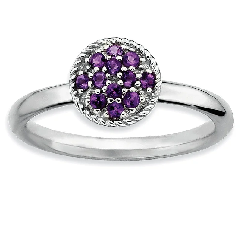 Ladies ring natural stones-Rhodium Plated Sterling Silver Stackable Amethyst Ring