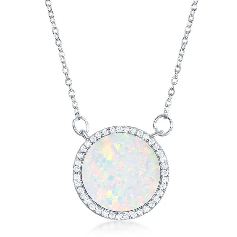 Ladies necklaces worldwide trends-Sterling Silver White Inlay Opal Circle with CZ Border Necklace