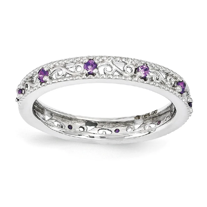 Ladies ring holiday gifts-3mm Sterling Silver Stackable Expressions Amethyst Scroll Band