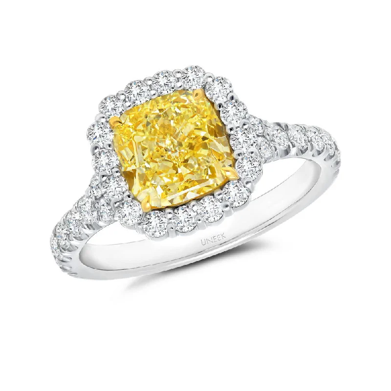 Ladies engagement rings customer reviews-Uneek Cushion-Cut Yellow Diamond Engagement Ring with Scallop-Effect Halo