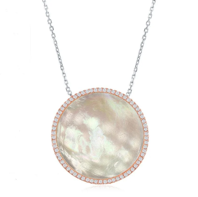 Ladies necklaces e-commerce sites-Sterling Silver Mother of Pearl Disc with CZ Border Necklace