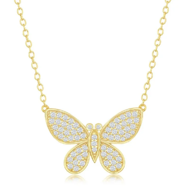 Ladies necklaces heart pendants-Sterling Silver Gold Plated Micro Pave Butterfly Necklace