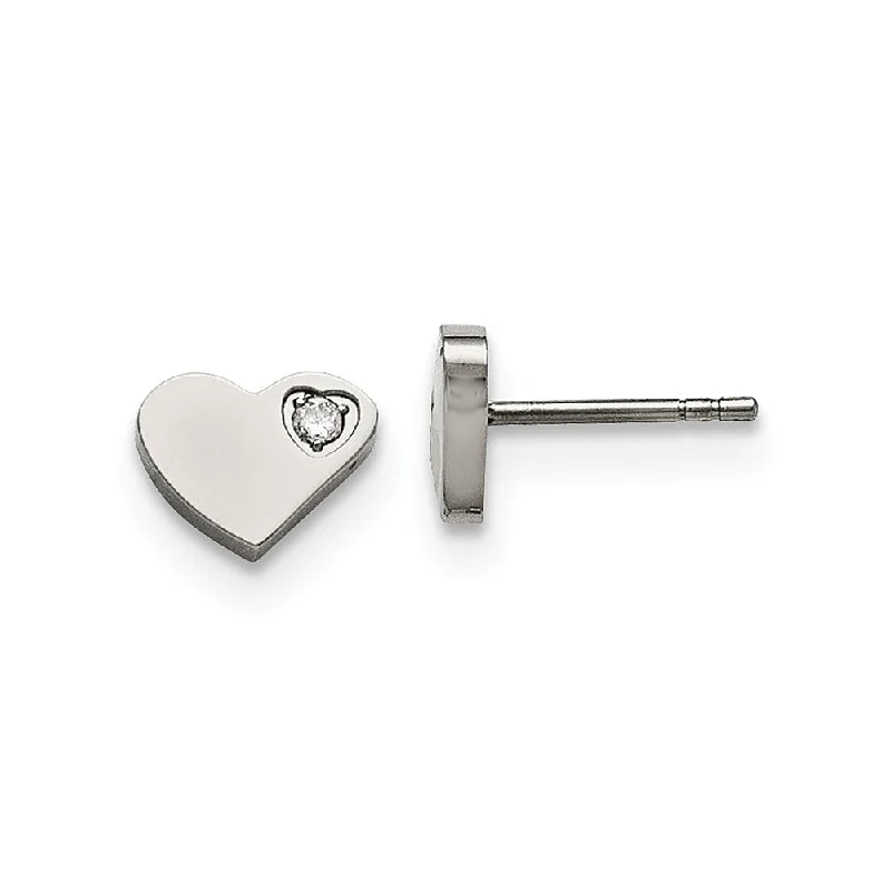 Ladies earrings latest trends-10mm Asymmetrical CZ Heart Post Earrings in Stainless Steel