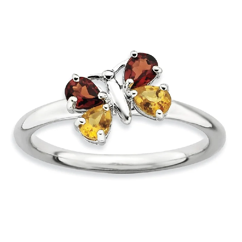 Ladies ring thumb designs-Stackable Pear Shape Garnet and Citrine Gemstone Butterfly Ring