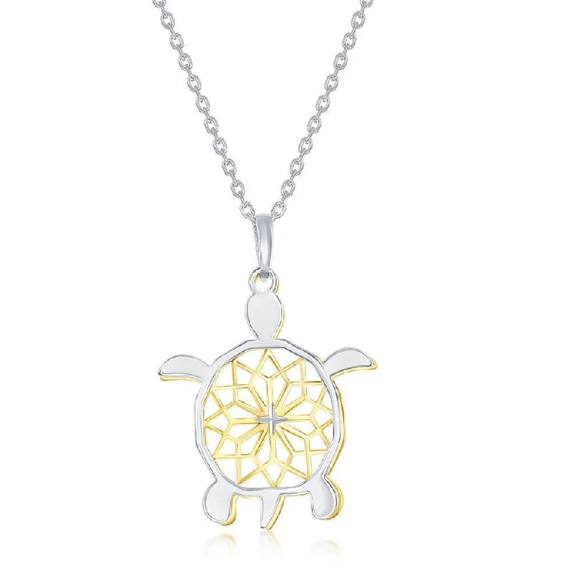 Ladies necklaces Christmas styles-Sterling Silver Two-Tone Fancy Diamond-Cut Design Sea Turtle Necklace