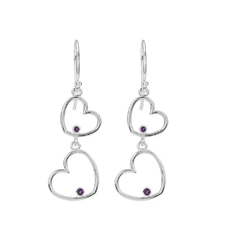 Ladies earrings retail stores-Double Heart Amethyst Dangle Earrings in Sterling Silver