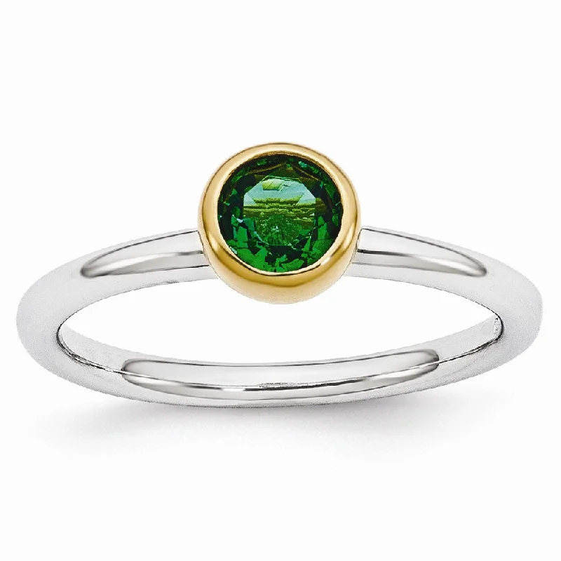 Ladies ring vintage charm-Two Tone Sterling Silver Stackable 5mm Round Created Emerald Ring