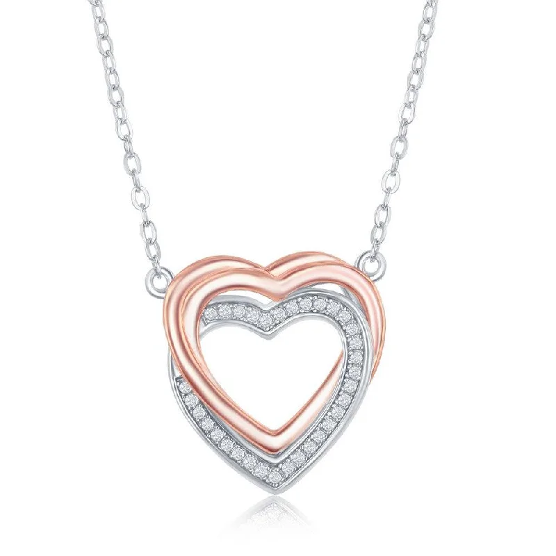 Ladies necklaces social media trends-Sterling Silver Double Heart CZ Necklace