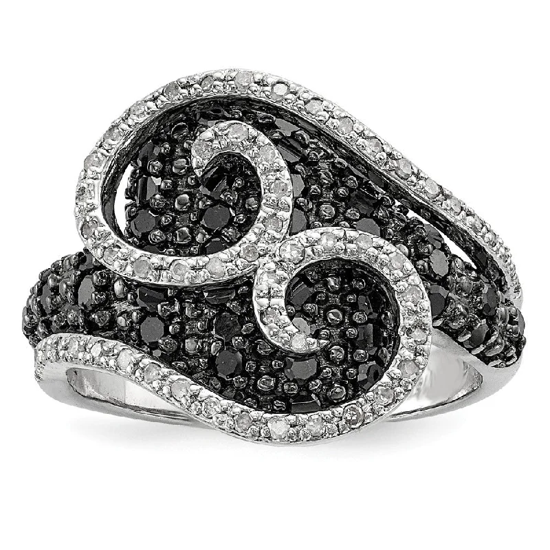 Ladies ring emotional symbols-1 Ctw Black & White Diamond 18mm Swirl Ring in Sterling Silver