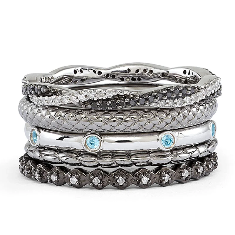 Ladies ring sister sets-Two Tone Sterling Silver, Diamond & Blue Topaz Band Stackable Ring Set