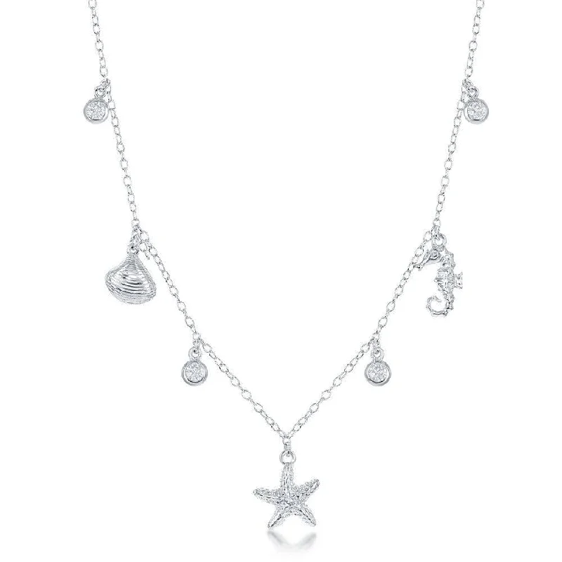 Ladies necklaces gold designs-Sterling Silver Sea Shell, Starfish and Seahorse CZ's Necklace