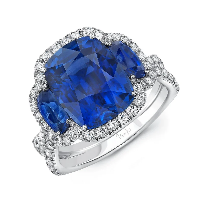 Ladies engagement rings romantic gifts-Uneek Precious Collection 3-Stone-Halo Cushion Cut Blue Sapphire Engagement Ring