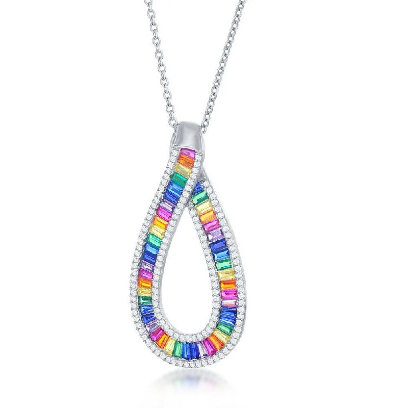 Ladies necklaces designer brands-Sterling Silver Rainbow Baguette CZ Pear Shaped Necklace