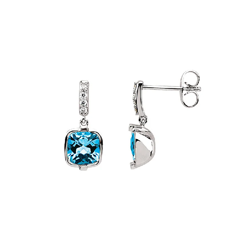 Ladies earrings colorful gems-Cushion Swiss Blue Topaz & Diamond 14k White Gold Dangle Post Earrings