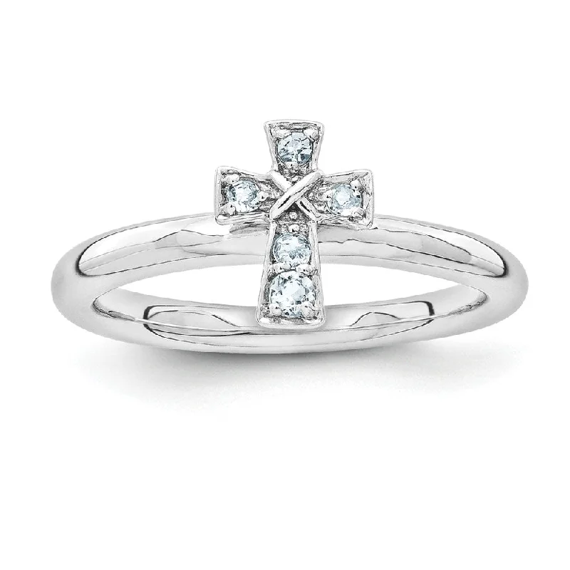 Ladies ring stacking trends-Rhodium Plated Sterling Silver Stackable Aquamarine 9mm Cross Ring