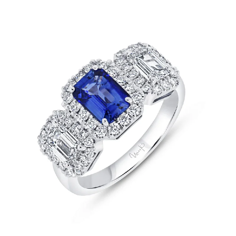 Ladies engagement rings colored stones-Uneek Signature Collection 3-Stone-Halo Emerald Cut Diamond Engagement Ring