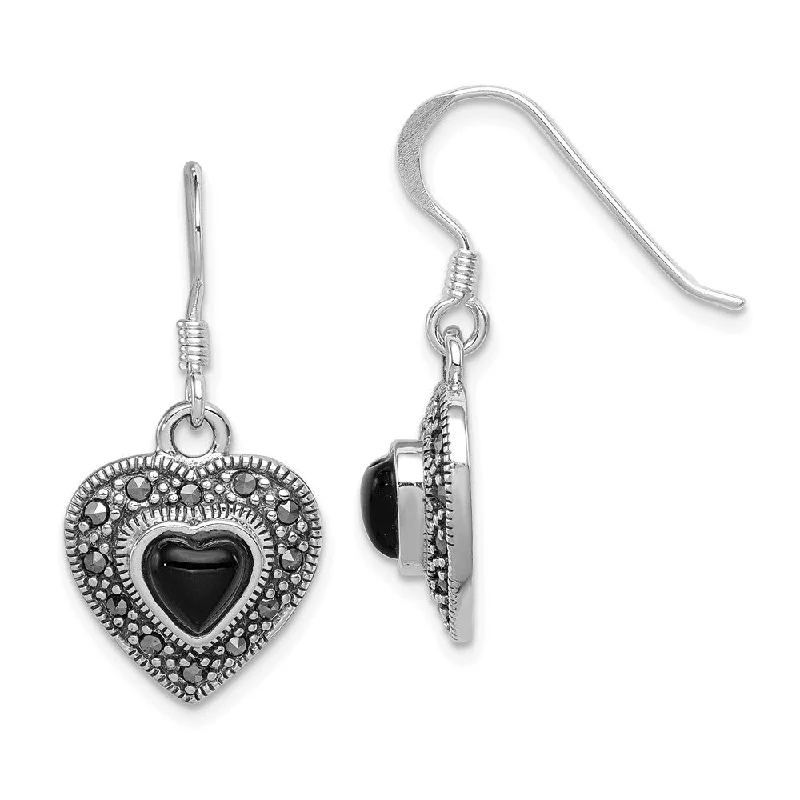 Ladies earrings Christmas styles-13mm Onyx and Marcasite Heart Dangle Earrings in Sterling Silver