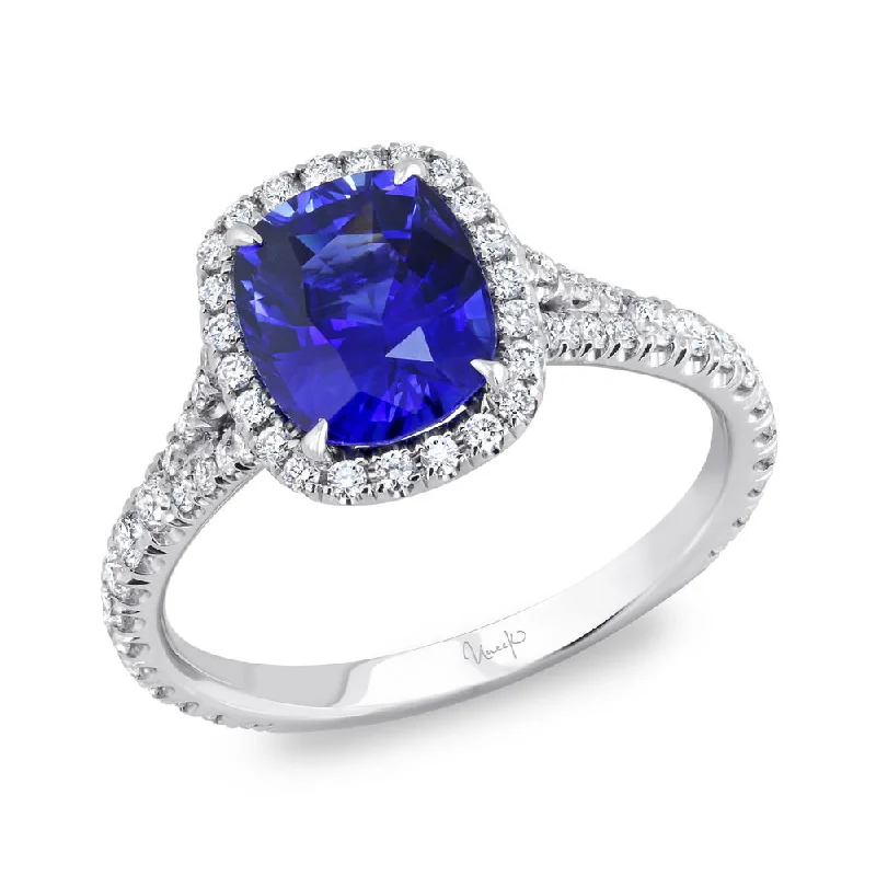 Ladies engagement rings bold designs-Uneek Cushion-Cut Sapphire Halo Engagement Ring