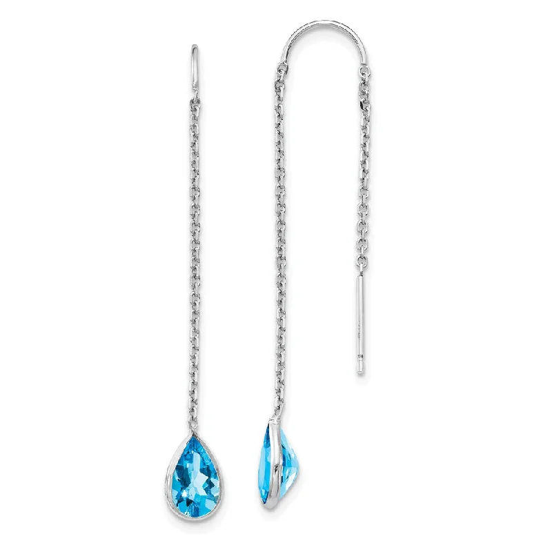 Ladies earrings limited editions-5 x 45mm 14k White Gold Blue Topaz Pear Bezel Threader Earrings