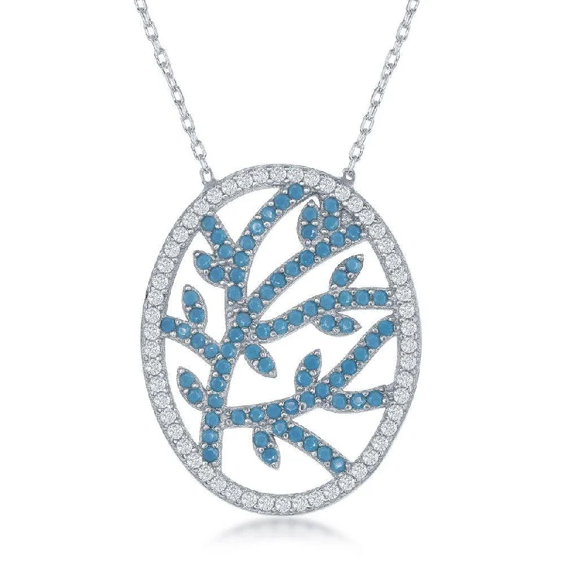 Ladies necklaces classic styles-Sterling Silver Center Torqouise Branch Design with CZ Border Necklace