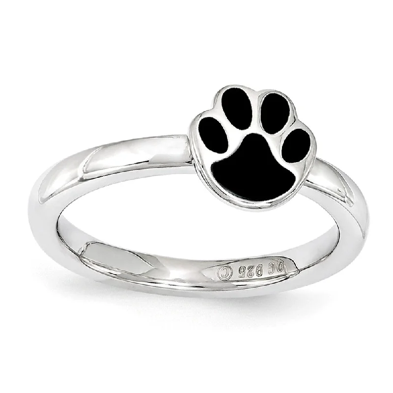 Ladies ring girlfriend gifts-Sterling Silver Stackable Expressions 7mm Black Enamel Paw Print Ring