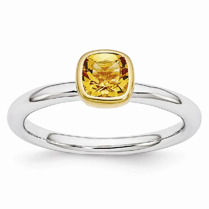 Ladies ring star motifs-Two Tone Sterling Silver Stackable 5mm Cushion Citrine Ring