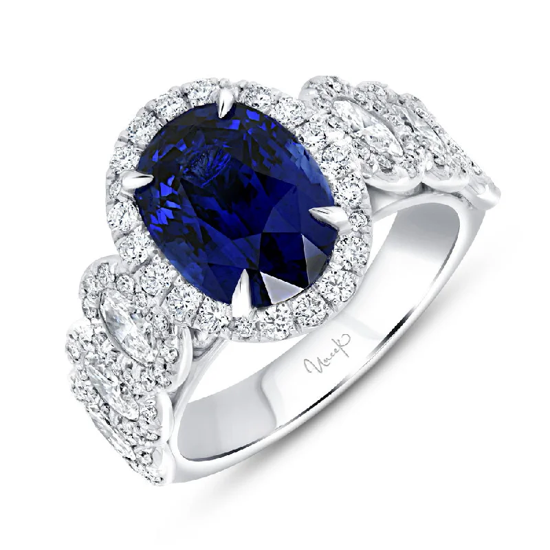 Ladies engagement rings solitaire stones-Uneek Precious Collection Halo Oval Shaped Blue Sapphire Engagement Ring