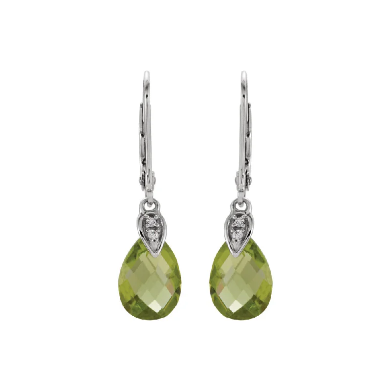 Ladies earrings sapphire stones-Peridot Briolette & Diamond Lever Back Earrings in 14k White Gold