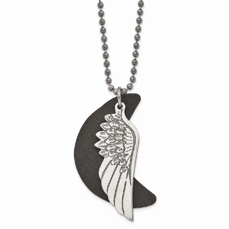 Ladies necklaces minimalist trends-Stainless Steel Brushed Wing with Leather Moon Necklace