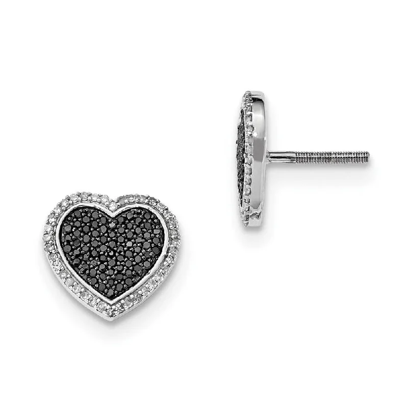 Ladies earrings minimalist designs-Black & White Diamond 13mm Heart Post Earrings in Sterling Silver