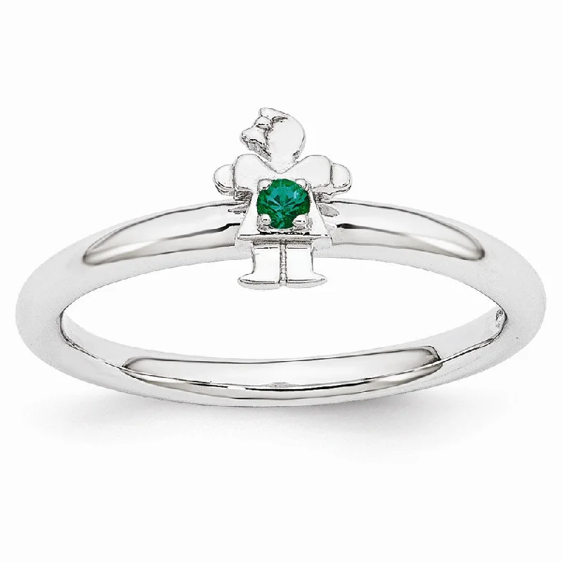 Ladies ring light luxury-Rhodium Plated Sterling Silver Stackable Created Emerald 7mm Girl Ring