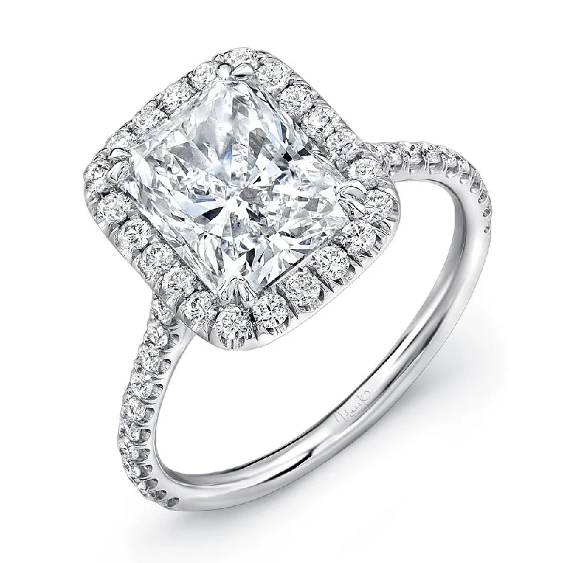 Ladies engagement rings anniversary upgrades-Uneek Radiant-Cut Diamond Halo Engagement Ring with Ornate Gallery