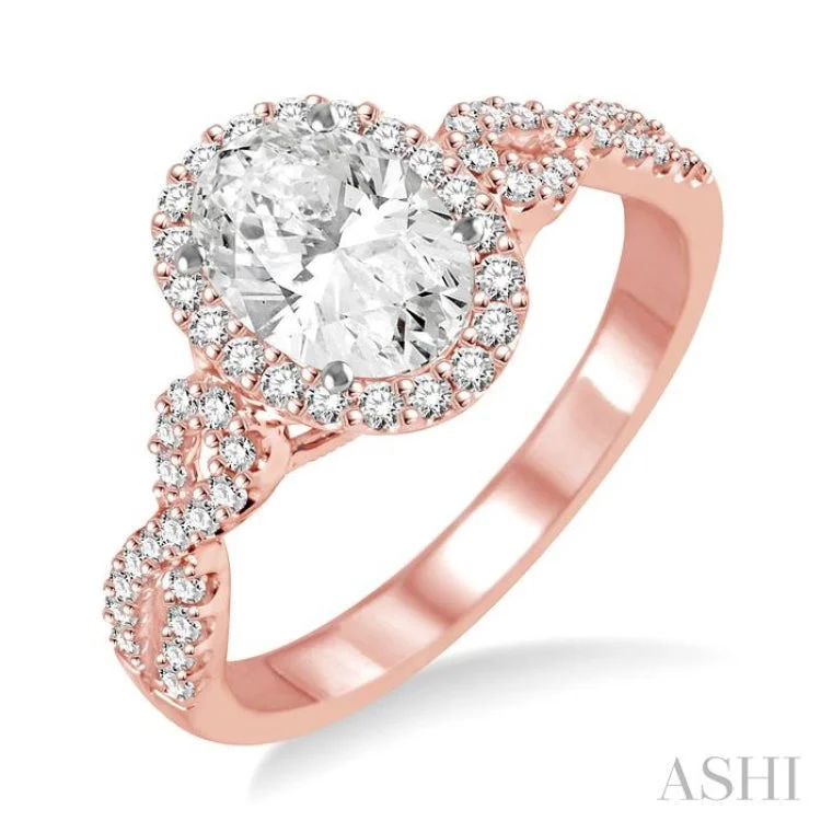 Ladies engagement rings Asian-inspired-1/2 Ctw Oval Cut Diamond Ladies Engagement Ring with 1/3 Ct Oval Cut Center Stone in 14K Rose and White Gold