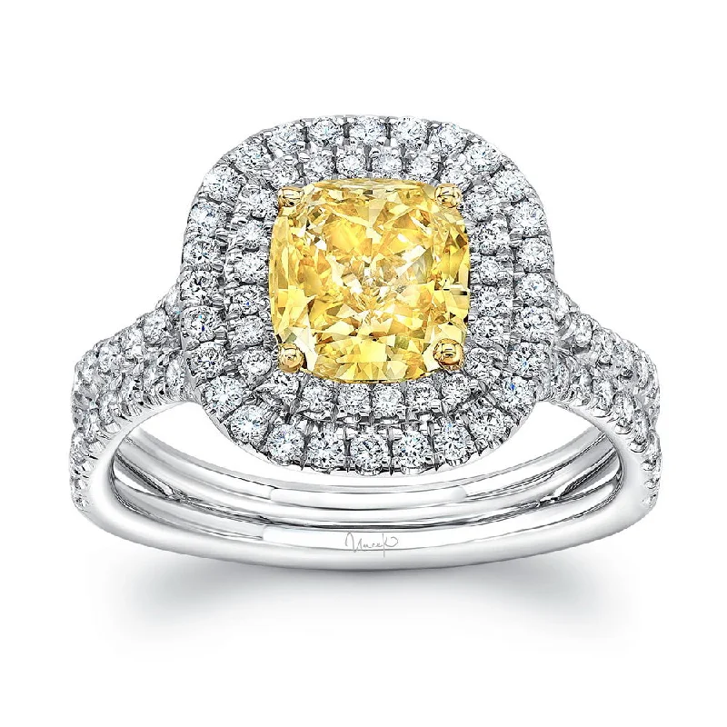 Ladies engagement rings eternity bands-Uneek Cushion-Cut Fancy Yellow Diamond Engagement Ring with Double Halo and Silhouette Shank