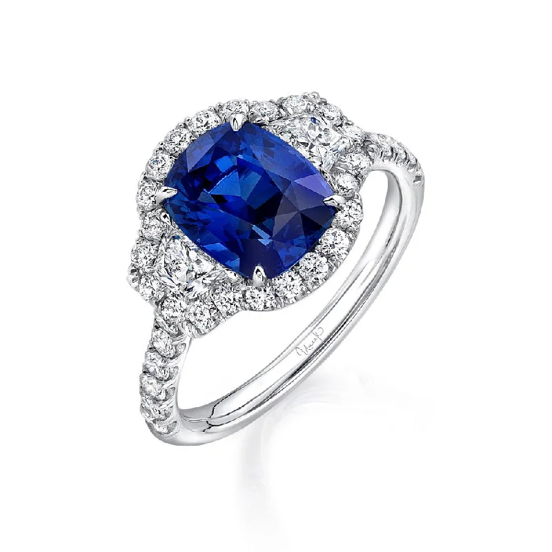 Ladies engagement rings elegant classics-Uneek Sapphire-and-Diamond Three-Stone Engagement Ring with Pave Halo