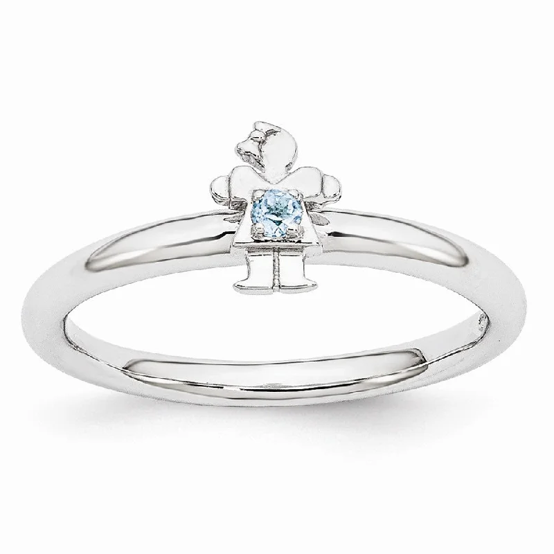 Ladies ring friendship rings-Rhodium Plated Sterling Silver Stackable Blue Topaz 7mm Girl Ring