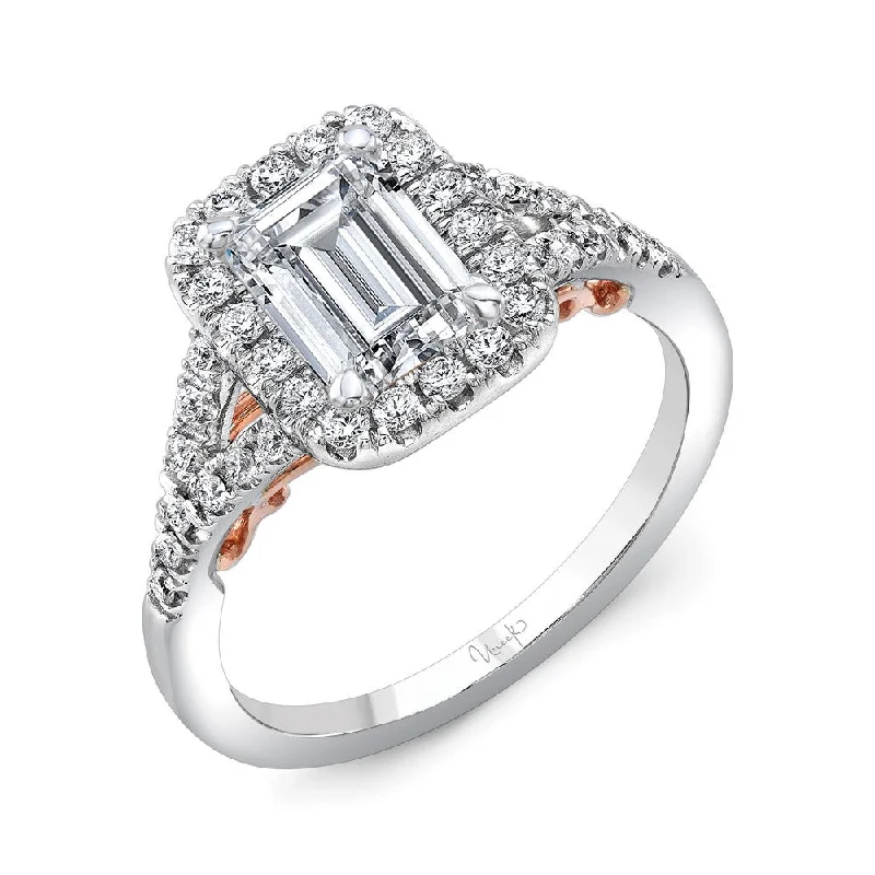 Ladies engagement rings latest trends-Uneek Cancelli Emerald-Cut Diamond Halo Engagement Ring with Pave Split Shank