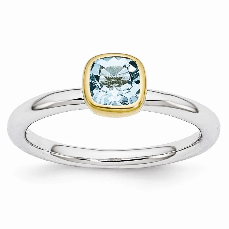 Ladies ring diamond inlays-Two Tone Sterling Silver Stackable 5mm Cushion Blue Topaz Ring