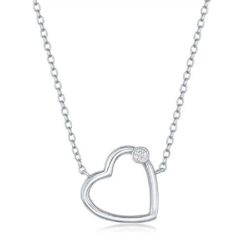 Ladies necklaces floral motifs-Sterling Silver Heart with Single Cubic Zirconia Necklace