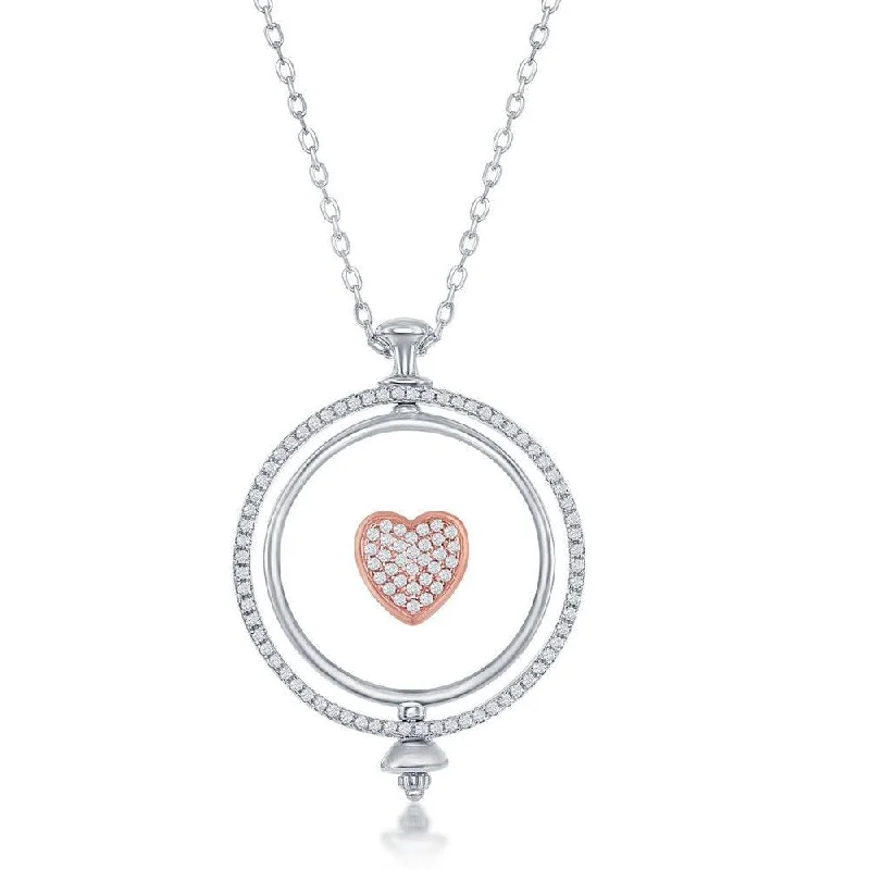 Ladies necklaces creative designs-Sterling Silver Spinning Disc Centre Heart with CZ Necklace