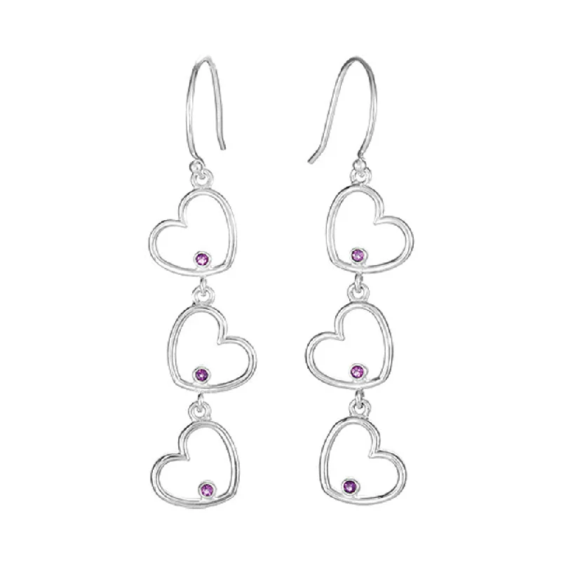 Ladies earrings jade accents-Triple Heart Amethyst Dangle Earrings in Sterling Silver