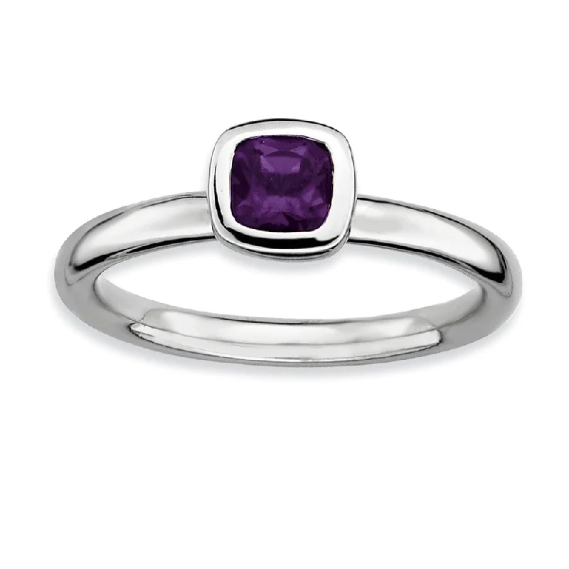 Ladies ring hypoallergenic-Sterling Silver & Amethyst Stackable 5mm Cushion Cut Solitaire Ring