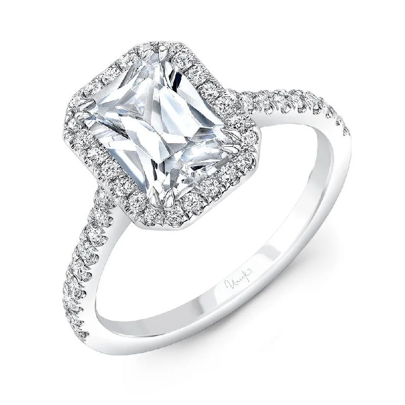 Ladies engagement rings top brands-Uneek Timeless Collection Halo Emerald Cut Engagement Ring